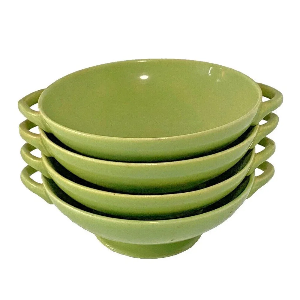 Pacific Pottery Avocado Green Bowl Footed Handles USA ~5.5